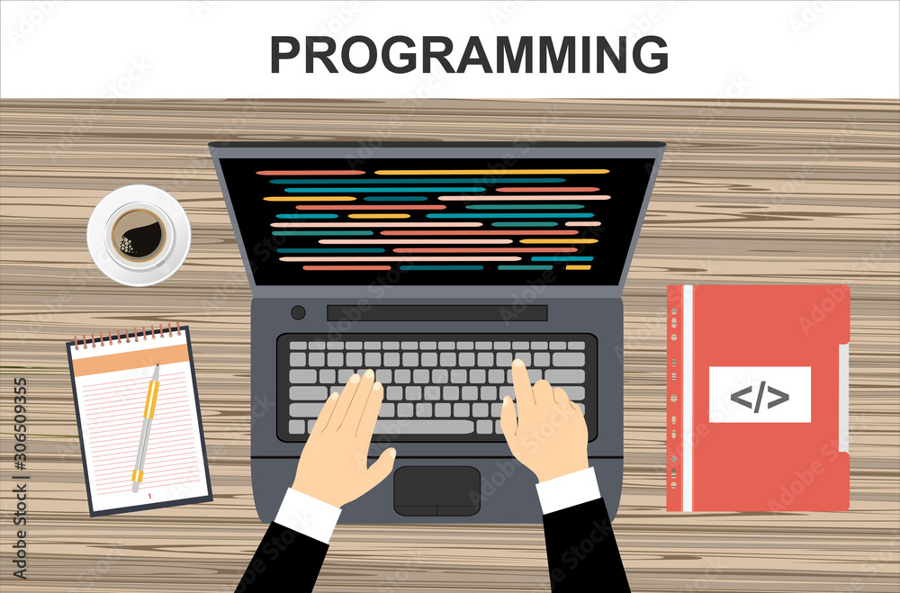 Programming and coding. Programmer for the laptop while working. Vector illustration.