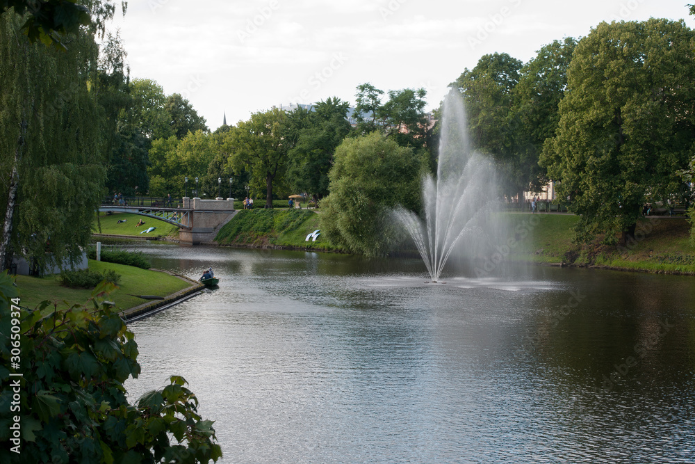 Riga Latvia, tranquil scene of fountain in city public park