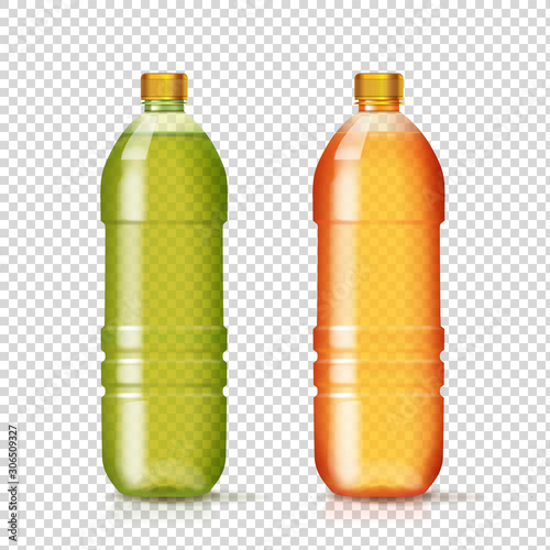 Set of plastic colored bottles for beverage realistic