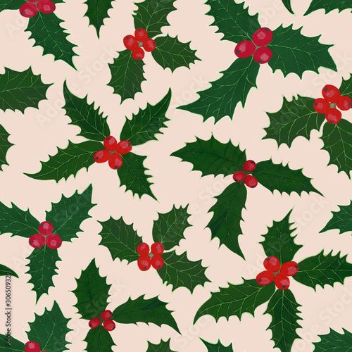 Vintage christmas seamless pattern.Botanical illustration with holly. Colorful background.