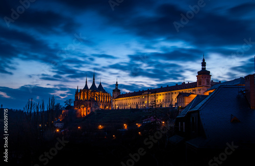 Saint Barbara's Church in Kutn Hora at night. Czech Republic.