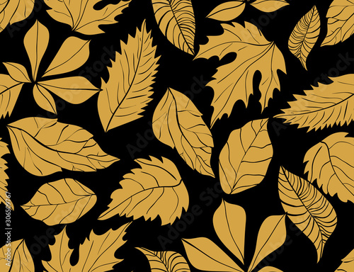 Hand drawn vector seamless pattern with leaf. Decorative template texture with autumn leaf, background