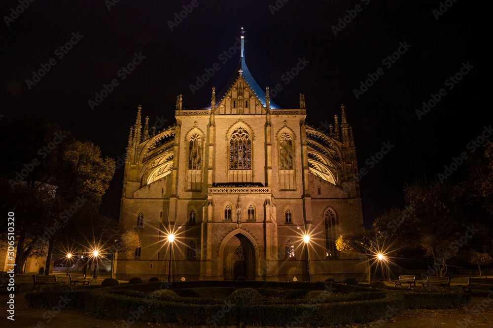Saint Barbara's Church in Kutn Hora at night. Czech Republic.