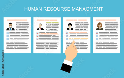 Human resources management concept, searching professional staff, work, analyzing resume, documents papers. vector illustration in flat design