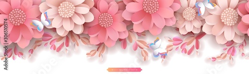 Flower border in the style of paper cut. Pink pastel peonies with decorative sprouts leaves and buds. Transparent shadows. Vector seamless horizontal pattern isolated on white background.