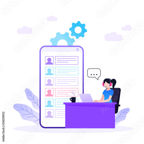 Customer support manager, online consultant, call center specialist wearing headphones sitting at computer. Flat colorful vector illustration with hotline girl assistant.