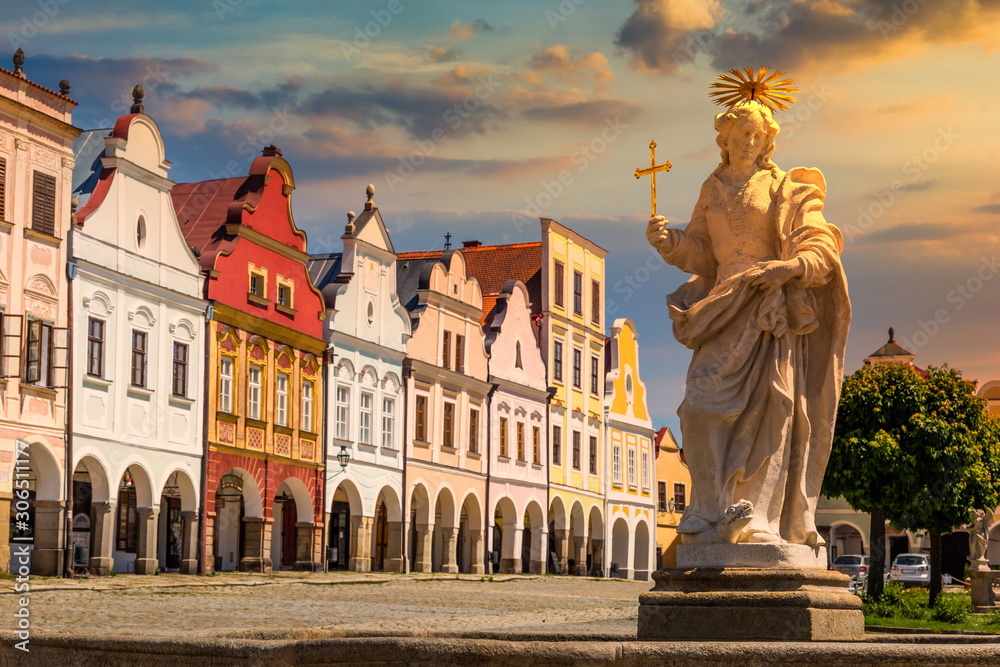 Main square of Telc city on a sunset. UNESCO World Heritage Site. Czech Republic.