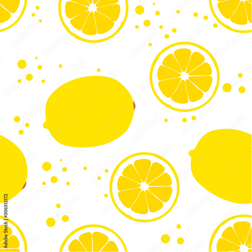 Seamless vector background with lemons and dots. Slice of lemon. Juicy lemon. Vitamin C.