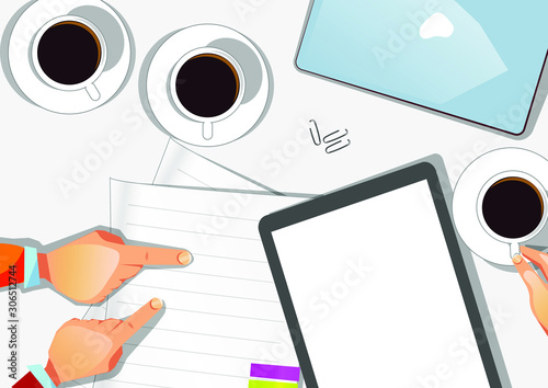 business process coffee laptop sheets for notes list notes process plag