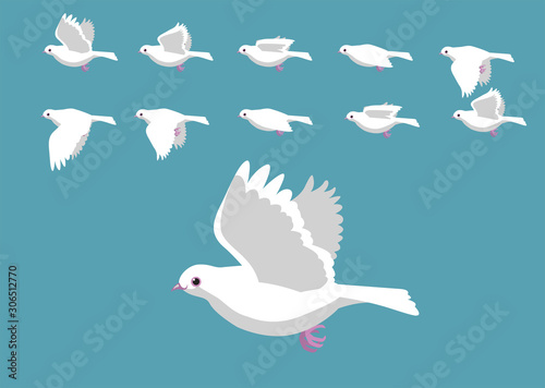 White Dove Flying Motion Animation Sequence Cartoon Vector Illustration
