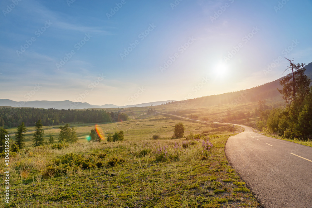 Fototapeta premium Landscape of asphalt road passing through grassland with sunbeams