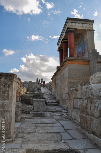 Columns in an ancient structure in the historical city of Knossos
