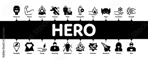 Super Hero Minimal Infographic Web Banner Vector. Hero Super man Silhouette And Woman, Face Mask And Muscle Power Concept Illustrations