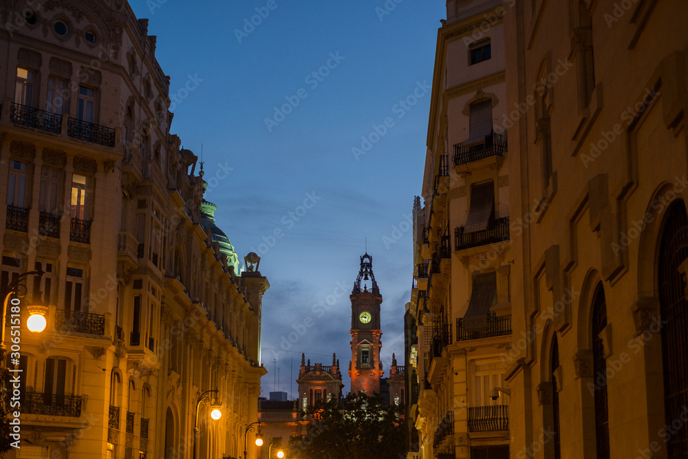  Valencia City Hall at dusk with view of the clock