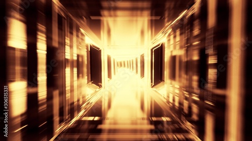 futuristic clean scifi glass tunnel corridor with glowing lights 3d illustration wallpaper background,