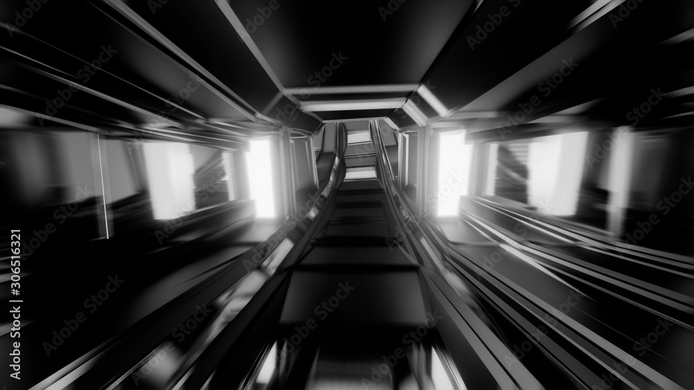 futuristic scifi space hangar tunnel corridor with glass windows 3d rendering background wallpaper,