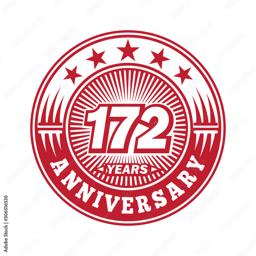 172 years logo. One hundred seventy two years anniversary celebration logo design. Vector and illustration.