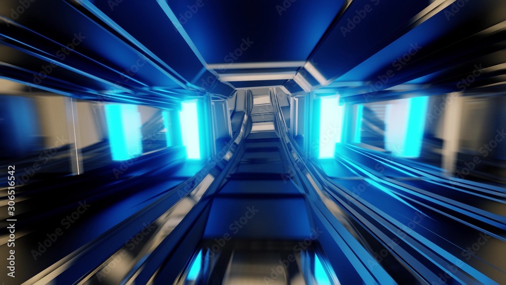 futuristic scifi space hangar tunnel corridor with glass windows 3d rendering background wallpaper,