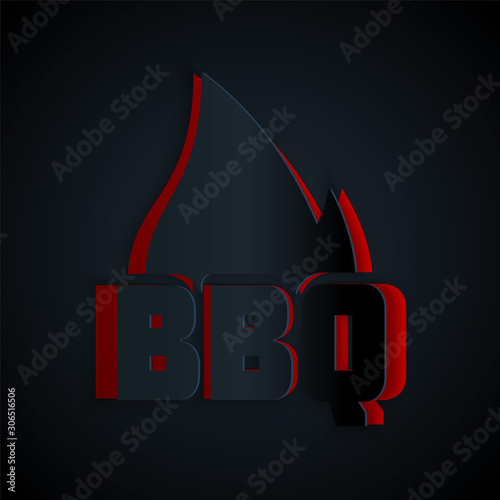 Paper cut Barbecue fire flame icon isolated on black background. Heat symbol. BBQ grill party. Paper art style. Vector Illustration