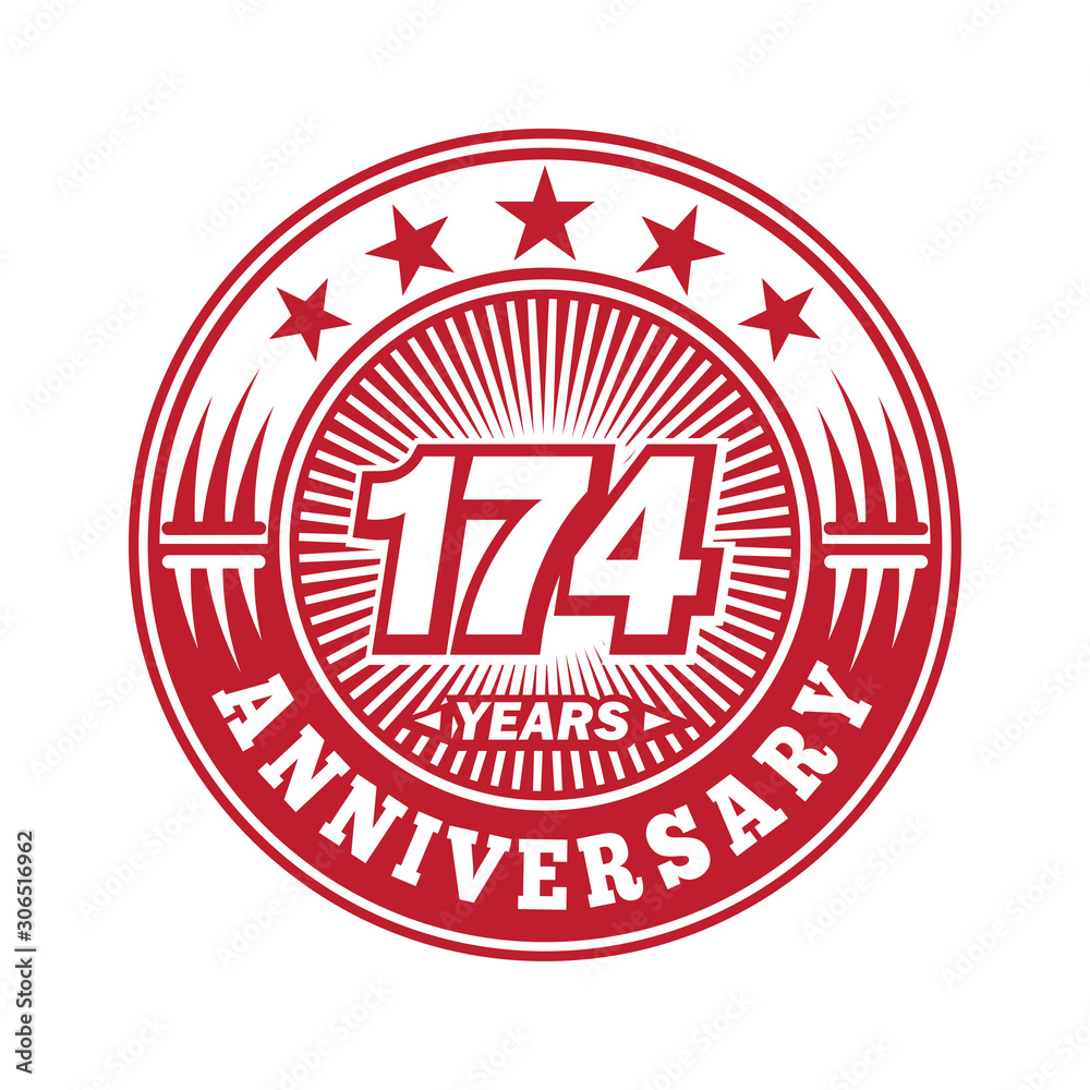 174 years logo. One hundred seventy four years anniversary celebration logo design. Vector and illustration.
