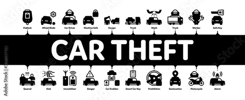 Car Theft Minimal Infographic Web Banner Vector. Car Theft On Truck, Thief Silhouette Near Motorcycle And Van, Signaling And Electronic Key Illustrations