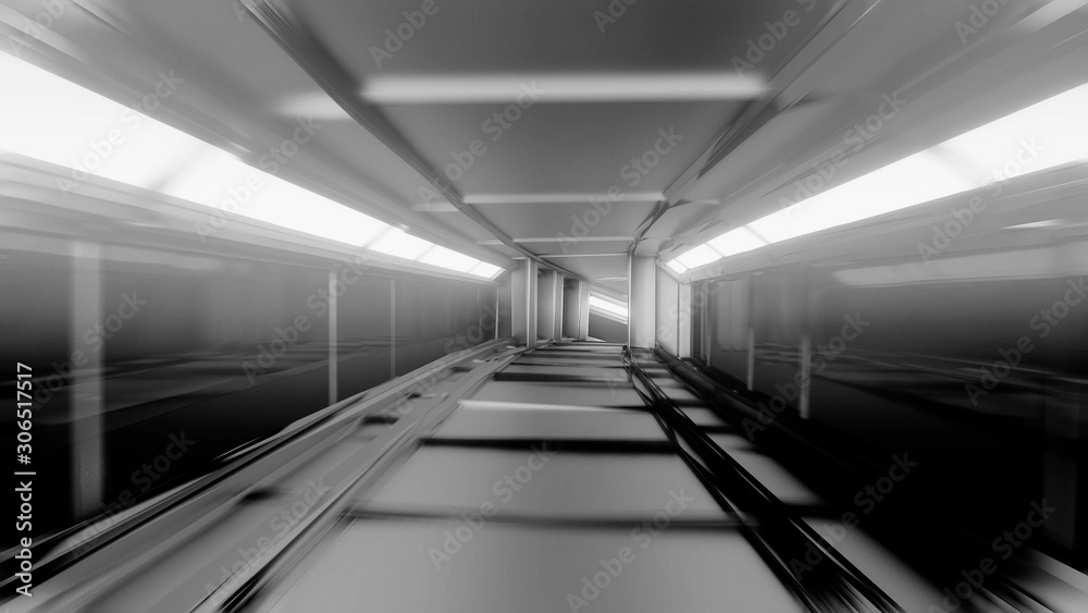 clean black and whitetunnel corridor with glowing lights 3d illustration background wallpaper