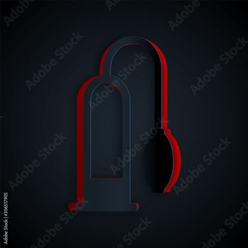 Paper cut Penis pump icon isolated on black background. Penis enlarger. Sex toy for men. Vacuum pump with a blower to increase the penis. Paper art style. Vector Illustration