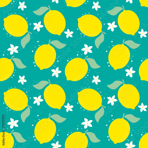 Background with lemon. Summer background with fruits and flowers. Vector citrus. Blossom lemon. 