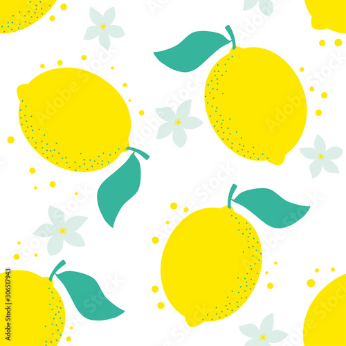 Seamless background with juicy lemons. Summer background with blooming lemon.