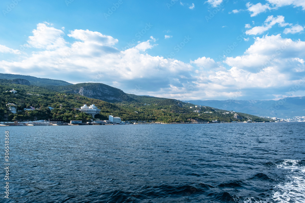 View from the sea to the southern coast of Crimea in the Yalta region.