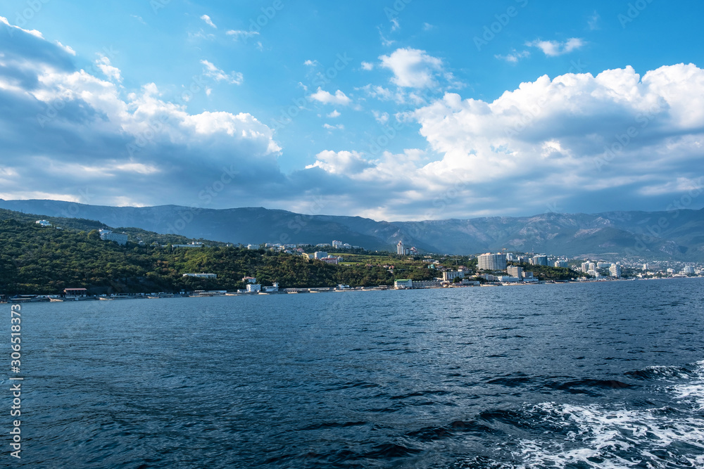 View from the sea to the southern coast of Crimea in the Yalta region.