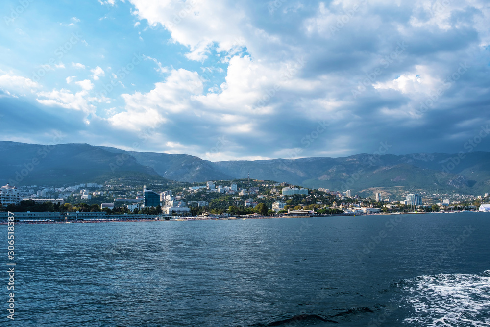 View from the sea to the city of Yalta on the southern coast of Crimea.