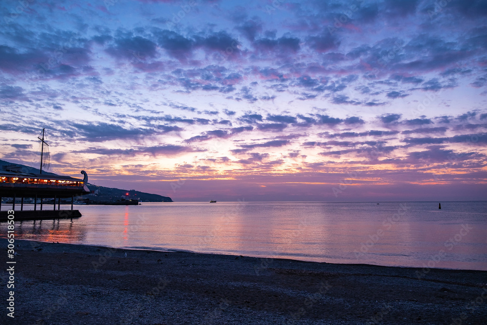 Beautiful sunrise with clouds on the southern coast of Crimea.