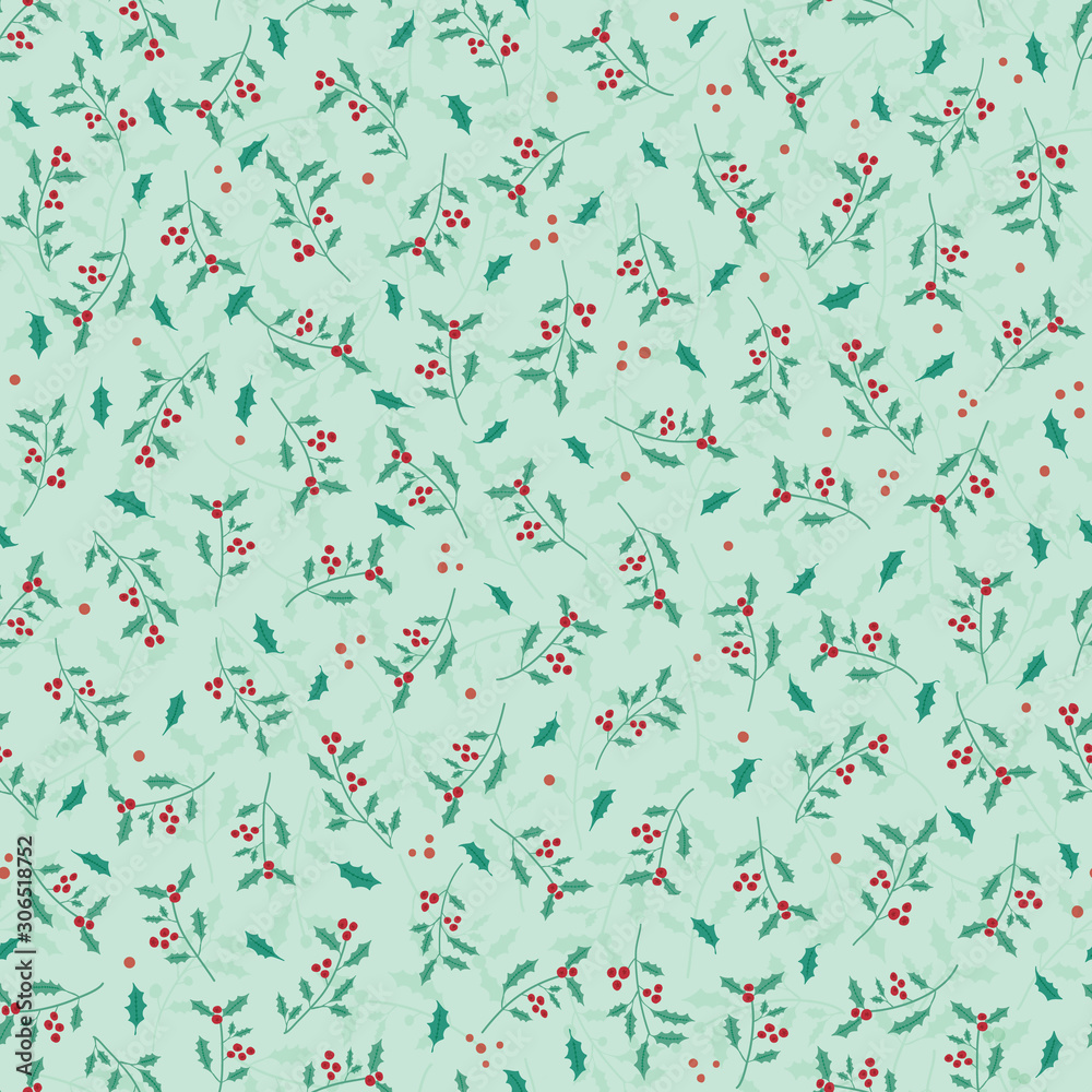Botanical seamless vector pattern with holly berries mistletoe with shadows coloured in green. Bright Christmas background. Botanical seamless vector pattern with holly berries mistletoe with shadows coloured in green. Bright Christmas background.