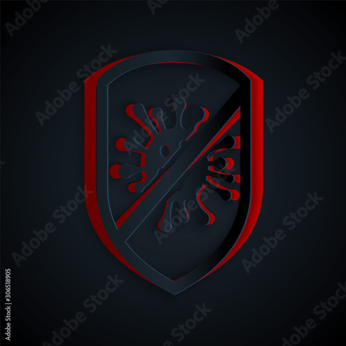 Paper cut Stop virus, bacteria, germs and microbe icon isolated on black background. Antibacterial and antiviral defence, protection infection. Paper art style. Vector Illustration