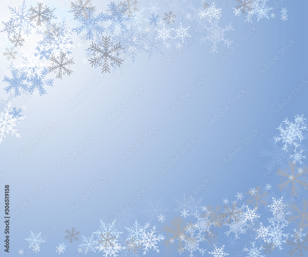 Vector illustration of abstract Christmas greeting card with snowflakes on blue background. Design for merry Christmas and happy new year.