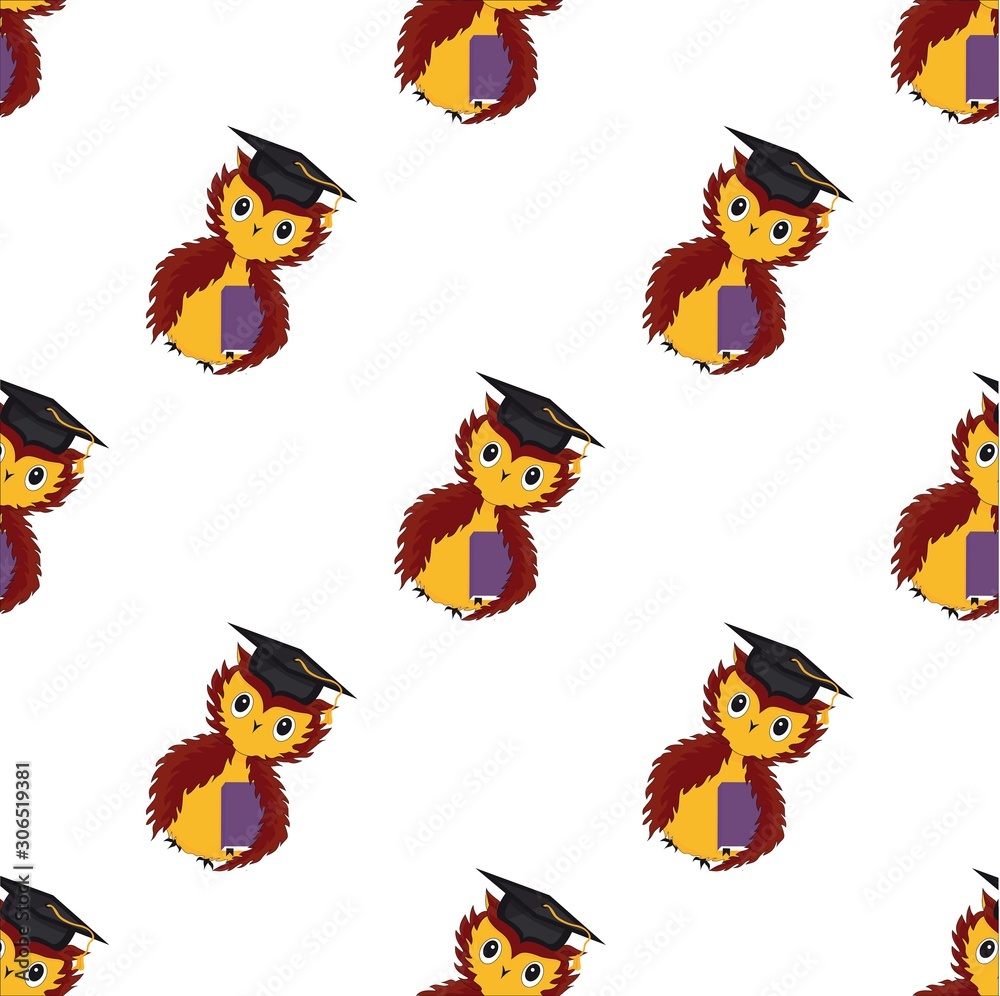 Naklejka premium Seamless pattern. Owl with a textbook under the wing and square academic cap on its head. Back to school. Vector.