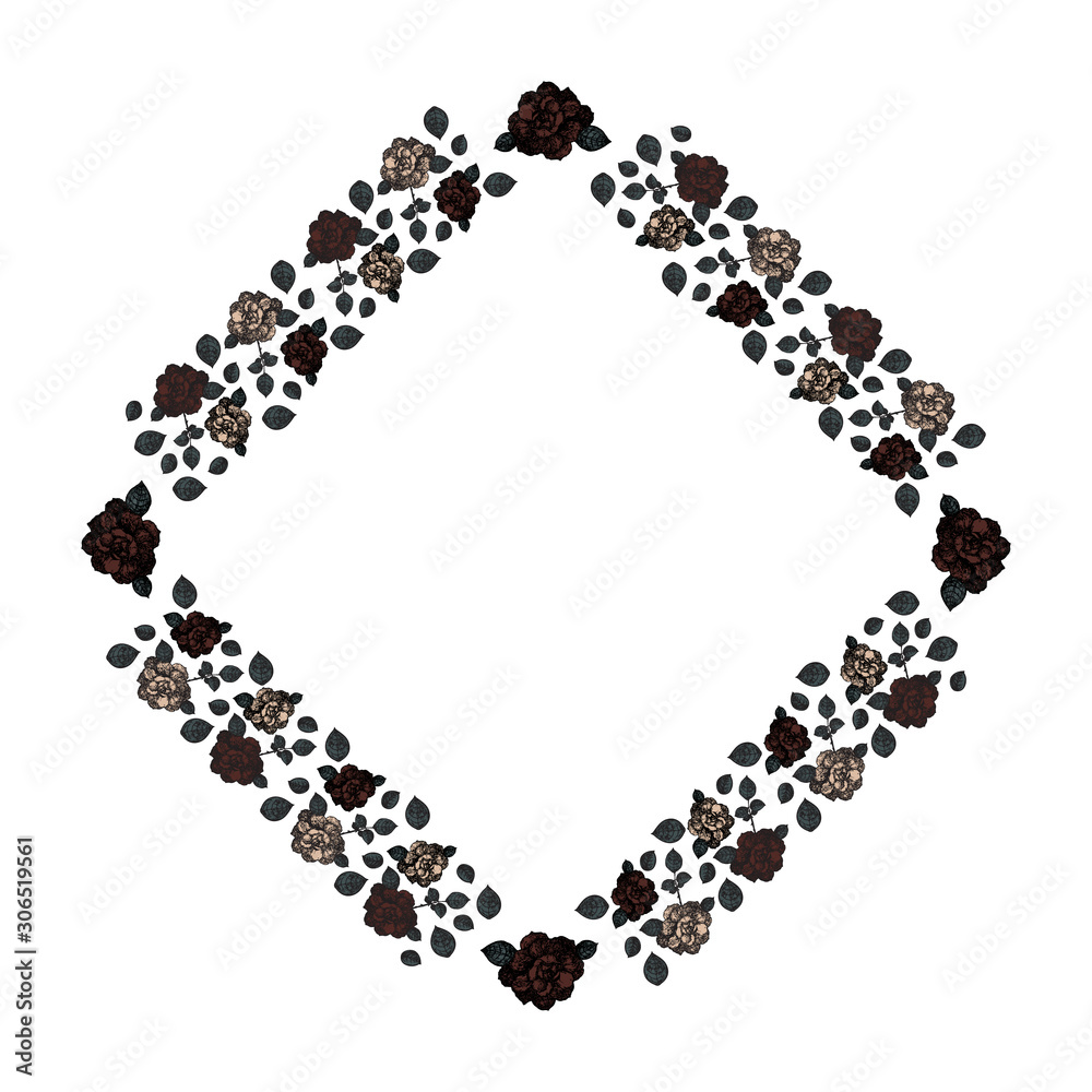 Template. Frame.A rhombus of burgundy and cream roses and green leaves on a white background. Vector. Template. Frame.A rhombus of burgundy and cream roses and green leaves on a white background. Vector.