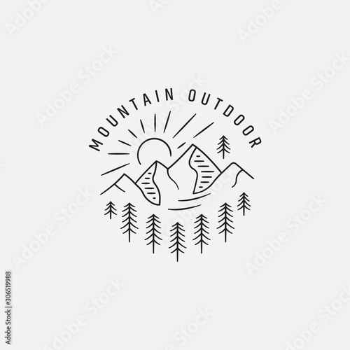 Vector vintage landscape with mountain peaks end graphic elements. Adventure is waiting. Motivational and inspirational typography poster with quote. Line design
