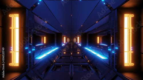 futuristic scifi space hangar tunnel corridor with glowing lights and reflections 3d illustration 3d rendering wallpaper background