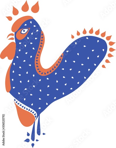 Rooster of geometric shapes with white drops in blue, white and red colors on a white background. Flat composition. Vector.