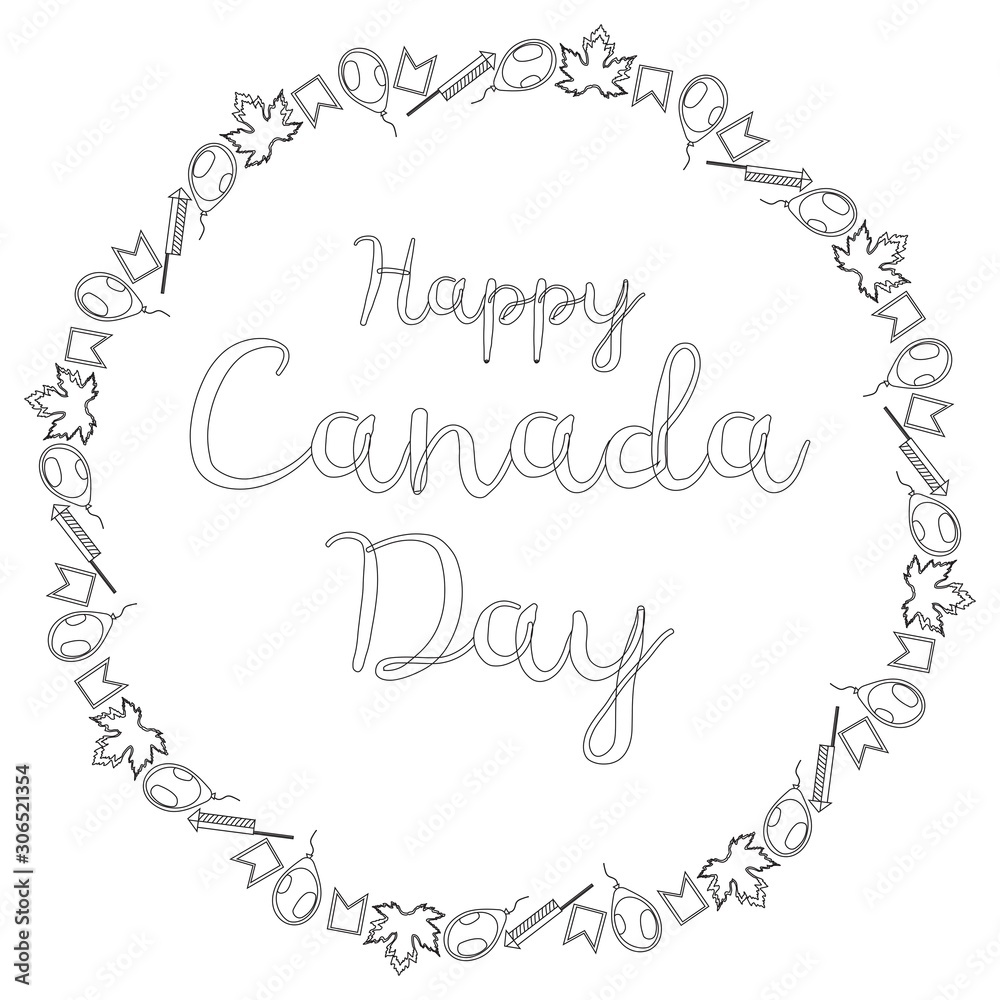 Round black and white banner for Canada Day. The inscription is surrounded by a of small maple leaves, flags, balls and firecrackers. Coloring. Vector. Round black and white banner for Canada Day. The inscription is surrounded by a of small maple leaves, flags, balls and firecrackers. Coloring. Vector.