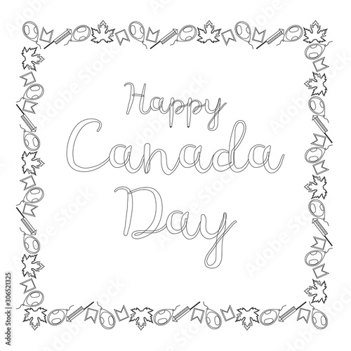 Black and white banner for Canada Day. The inscription is surrounded by a square frame of small red-yellow maple leaves, flags, balls and firecrackers. Coloring. Vector.