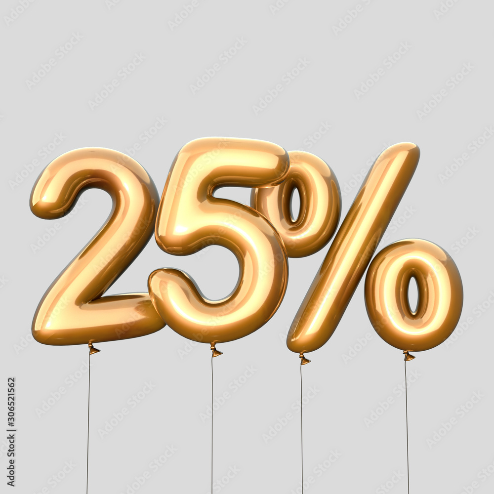 25% discount made of Gold Balloons. sale concept. 3d rendering isolated on Gray Background 25% discount made of Gold Balloons. sale concept. 3d rendering isolated on Gray Background