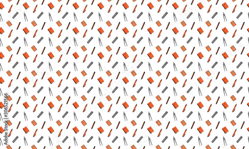 Stationery seamless pattern. September 1. Rulers, pencils, pens, compasses, notebooks and textbooks on a white background. Vector.