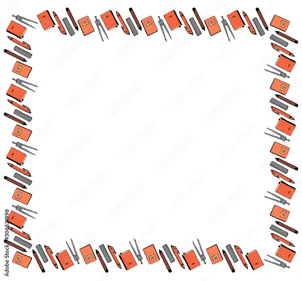 Fototapeta premium Square frame template for September 1 from stationery. Compasses, pencils, pens, rulers, notebooks, textbooks, on a white background. Back to school. Vector.