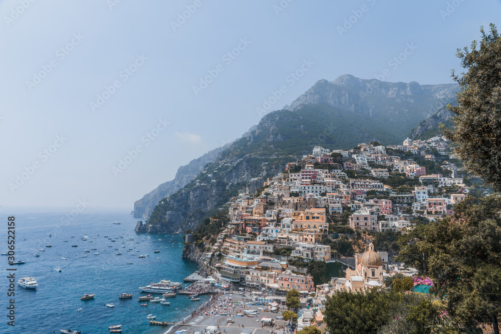 Colorful Positano village on Amalfi Coast in Italy during sunny summer time