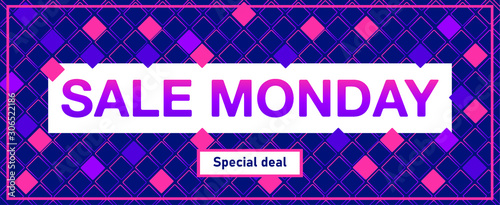 Sale cyber Monday discount concept. Inscription design template. Cyber Monday banner. Cyber Monday. Promotional online sale event. Sale monday modern banner in trendy abstract fluid neon style. EPS 10