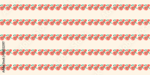 Seamless pattern from stripes of poppies with open buds with stems and leaves on a cream background. Vector.