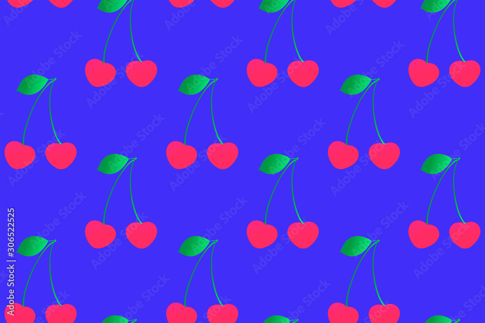 Cute cherry seamless pattern on a blue background. Gradient fill. Vector.